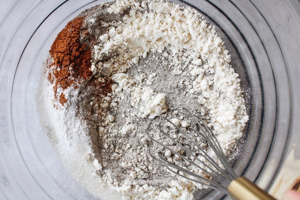 dry ingredients for buckwheat banana pancakes being whisked